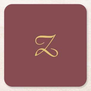 Wine Gold Monogram Professional Trendy Modern Square Paper Coaster