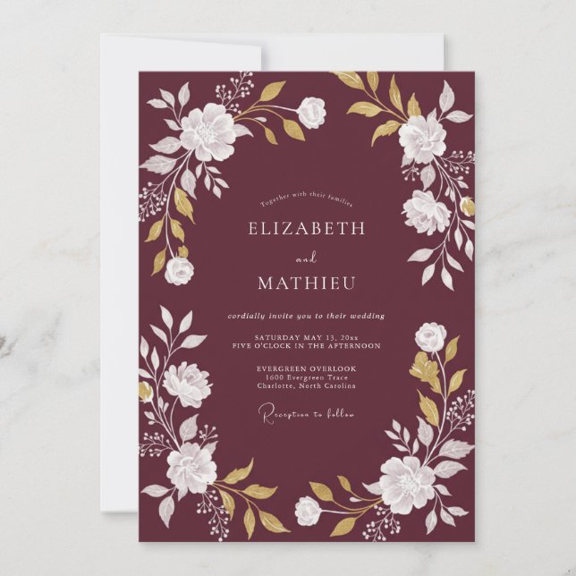 Wine Gold Ranunculus Eucalyptus Wedding Invitation (Front)