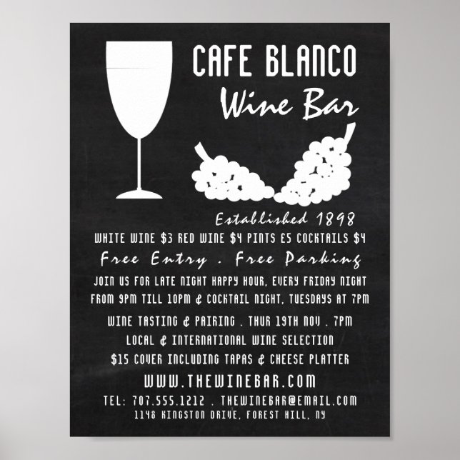 Wine & Grapes, Chalkboard Wine Bar/Winery Advert Poster (Front)