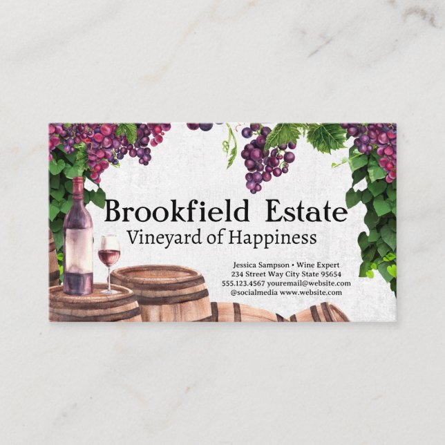 Wine Grapes on the Vine | Wooden Barrels Business Card (Front)