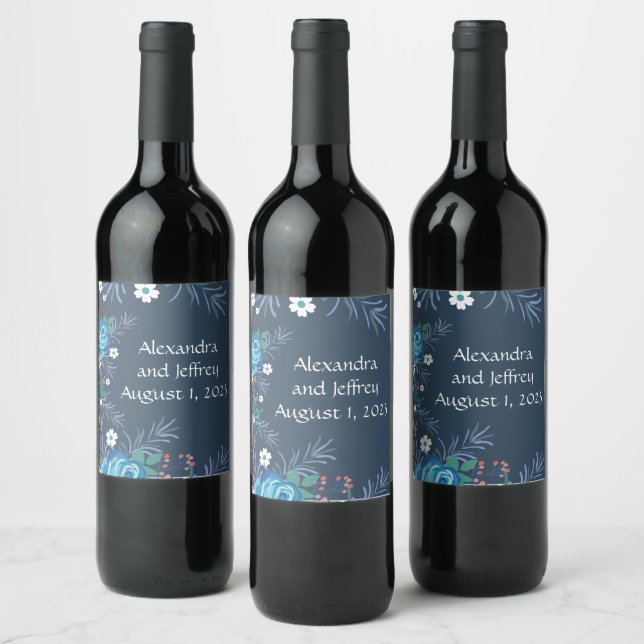 Wine Grapes Personalized Flowers White Blue Wine Label (Bottles)