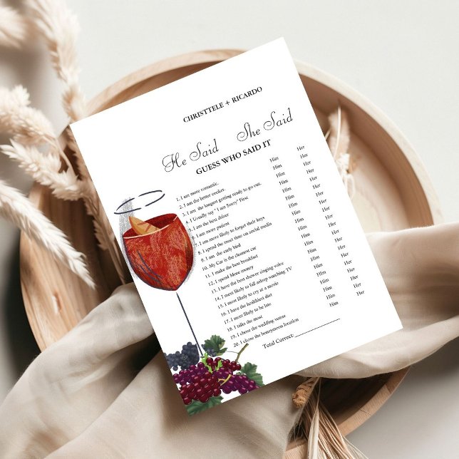 wine He said she said Bridal shower game card (Creator Uploaded)