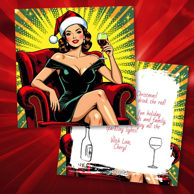 Wine Humor | Personalized Retro Pop Art Christmas Holiday Card (Creator Uploaded)