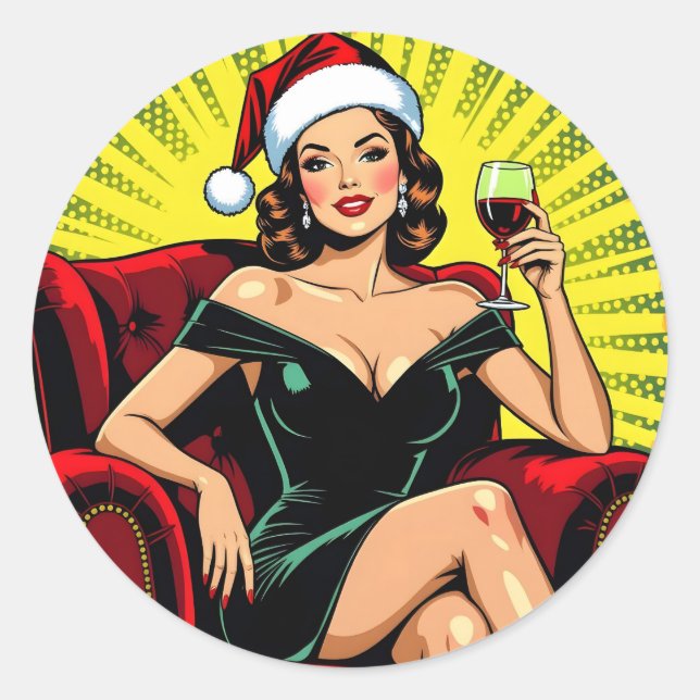 Wine Humor Retro Pop Art Christmas Classic Round Sticker (Front)