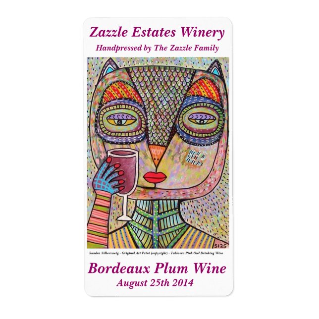 Wine Label - Talavera Pink Owl Drinking Red Wine (Front)