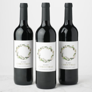 Wine Label with Christmas Greenery Wreath
