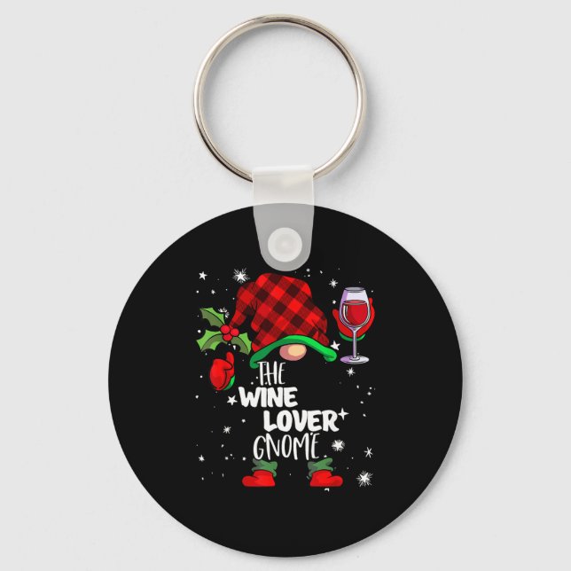 Wine Lover Gnome Red Buffalo Plaid Matching Family Key Ring (Front)