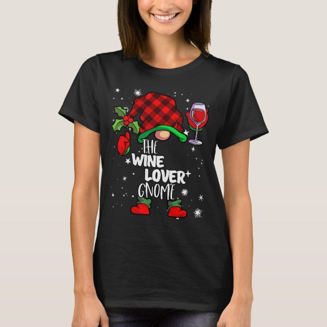 Wine Lover Gnome Red Buffalo Plaid Matching Family T-Shirt (Front)
