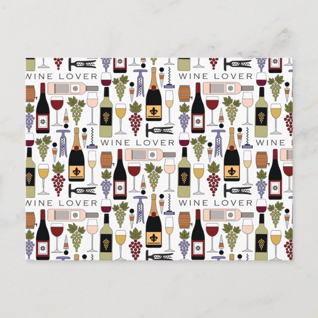Wine Lovers Bottles, Glasses & Accessories Pattern Postcard (Front)