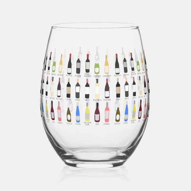 Wine Lovers Bottles With Names Illustrated Stemless Wine Glass (Front)