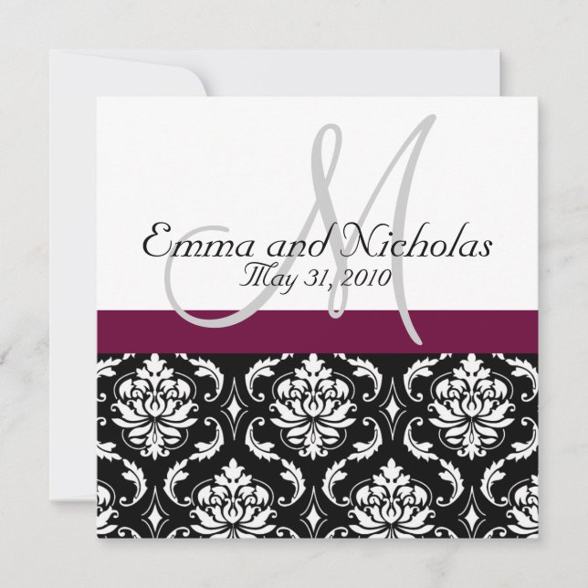 Wine Monogram Damask Wedding Invitation (Front)
