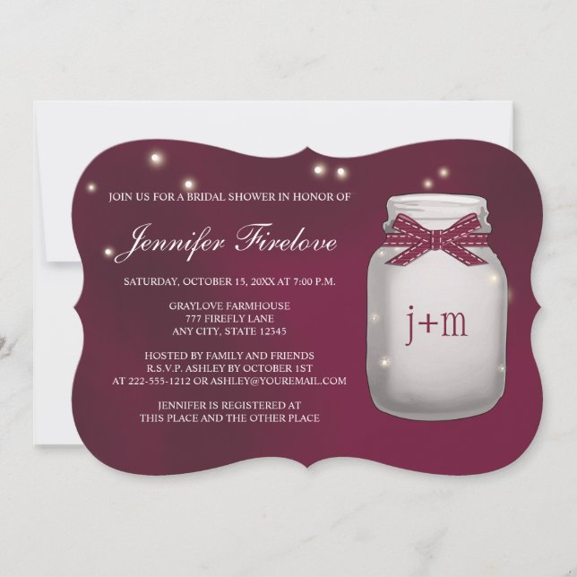 Wine Monogrammed Firefly Mason Jar Bridal Shower Invitation (Front)