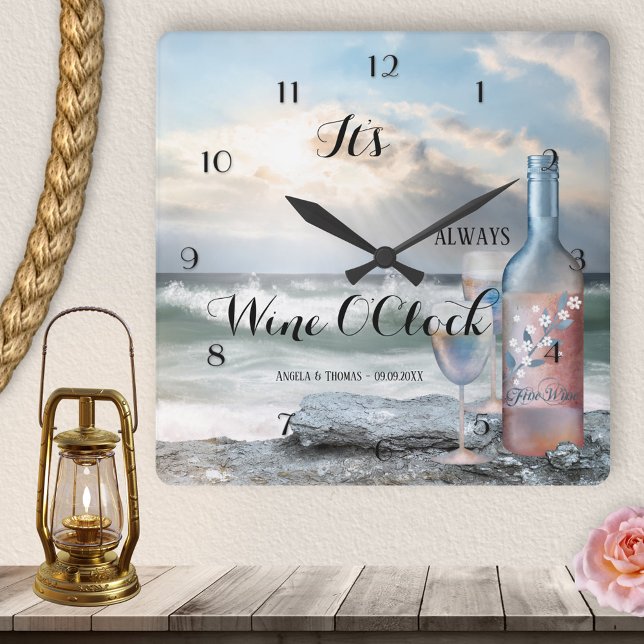 Wine OClock Romantic Beach Clock (It's always Wine O'Clock - wall clock featuring a painting of a wine bottle with glass at the beach)