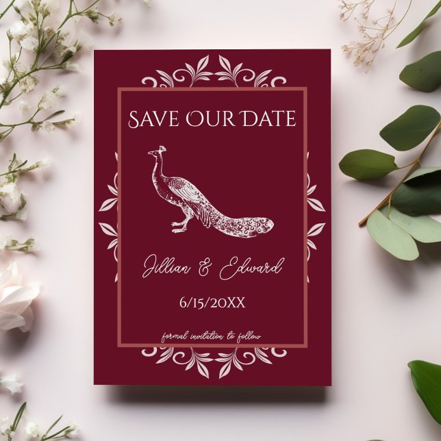 Wine Peacock Flourish Save The Date Announcement (Wine Red Peacock Flourish Save the Date)