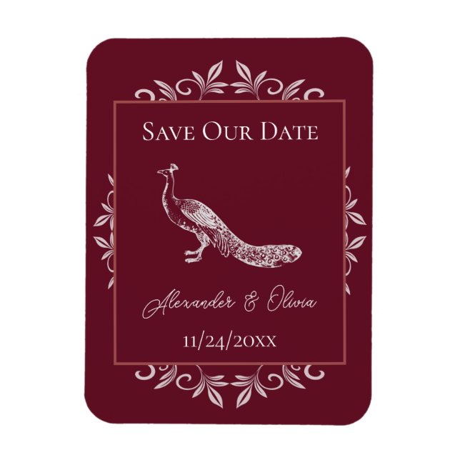 Wine Peacock Flourish Save The Date Magnet (Vertical)