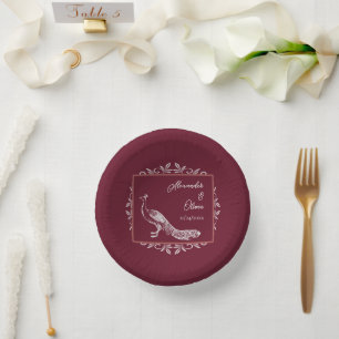Wine Peacock Flourish Wedding Shower Paper Bowls Plate