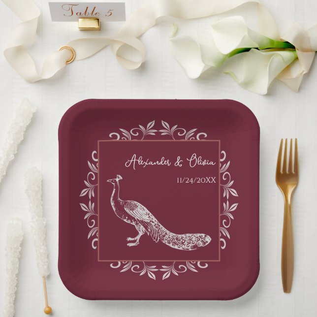 Wine Peacock Flourish Wedding Shower Paper Plates (Wedding)