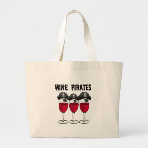 WINE PIRATES RED WINE GLASSES AND PIRATE PRINT LARGE TOTE BAG