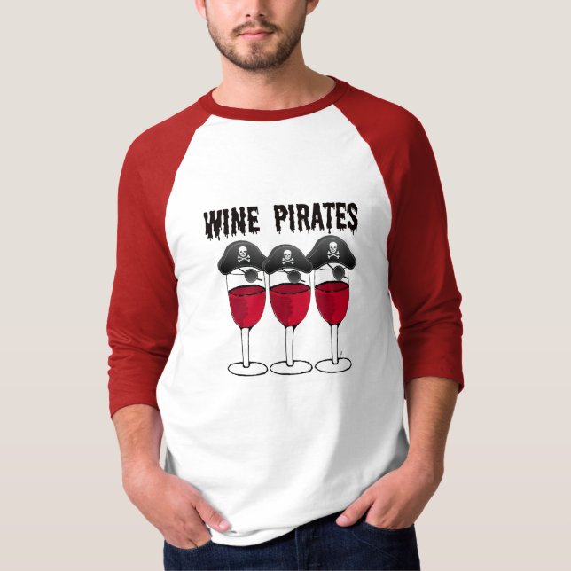 WINE PIRATES RED WINE GLASSES AND PIRATE PRINT T-Shirt (Front)