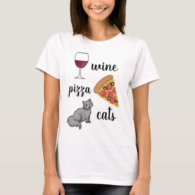 Wine Pizza Cats T-Shirt (Front)