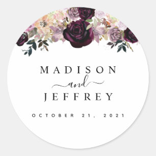 Wine Plum Mauve Fall Floral Wedding Classic Round Sticker