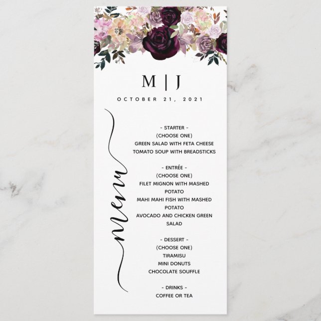 Wine Plum Mauve Fall Floral Wedding Menu (Front)
