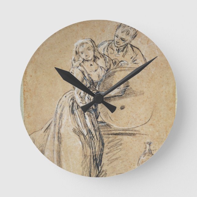 Wine-pourer with a Young Man (chalk) card Round Clock (Front)