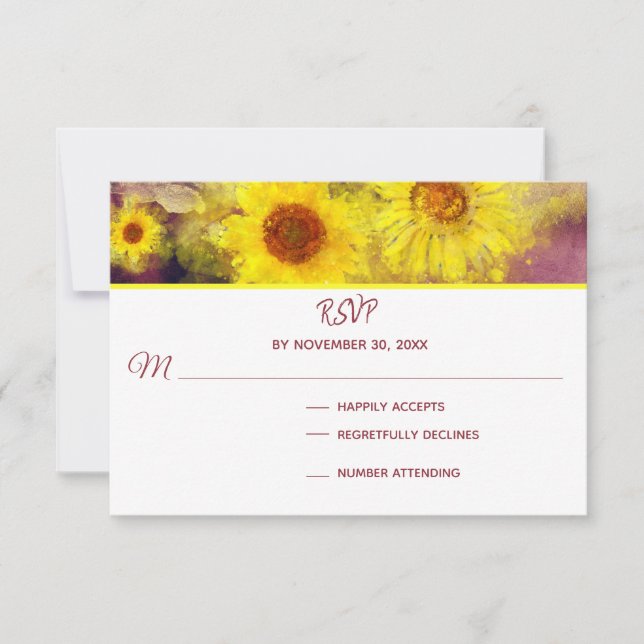 *~*  Wine Purple Rustic  Sunflower  Wedding RSVP (Front)