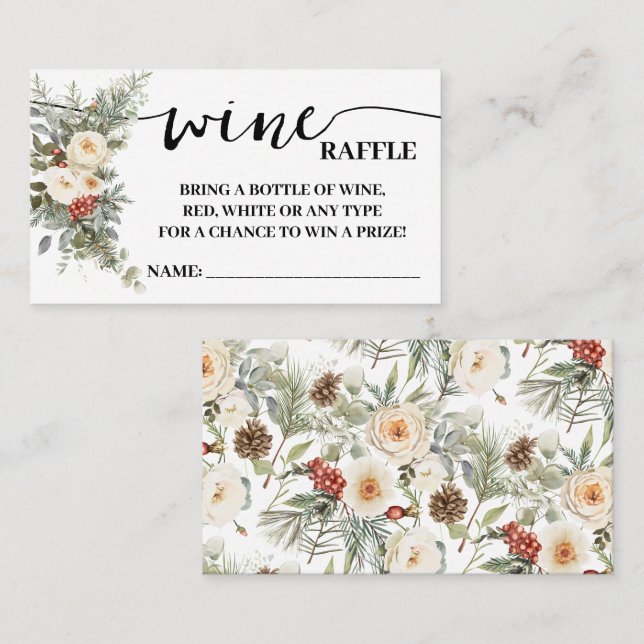 Wine Raffle Ticket Shower Card White Winter Floral (Front/Back)