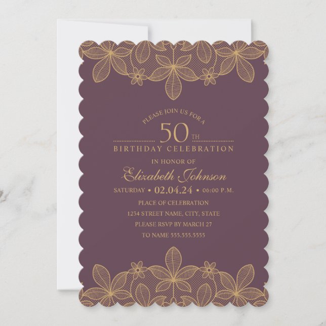 Wine Red 50th Birthday Party Unique Golden Lace Invitation (Front)