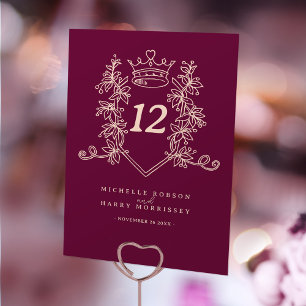 Wine red and light peach heart crown wedding table number