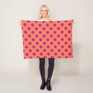 Wine red and living coral polka dots fleece blanket