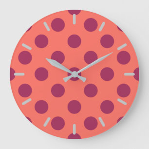 Wine red and living coral polka dots large clock