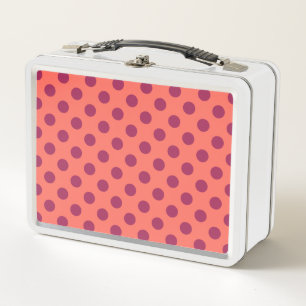 Wine red and living coral polka dots metal lunch box