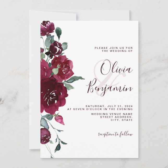 Wine Red Burgundy Marsala Floral Wedding  Invitation (Front)