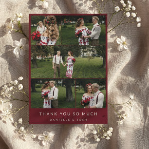 Wine Red Clean Wedding Photo Collage Thank You Card