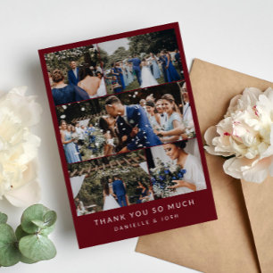 Wine Red Clean Wedding Photo Collage Thank You Card