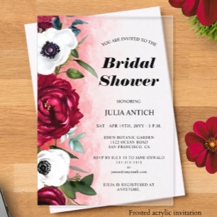 Wine Red Floral Bridal Shower Acrylic Invitations