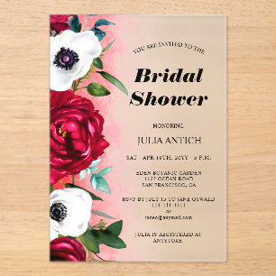 Wine Red Floral Bridal Shower Acrylic Invitations