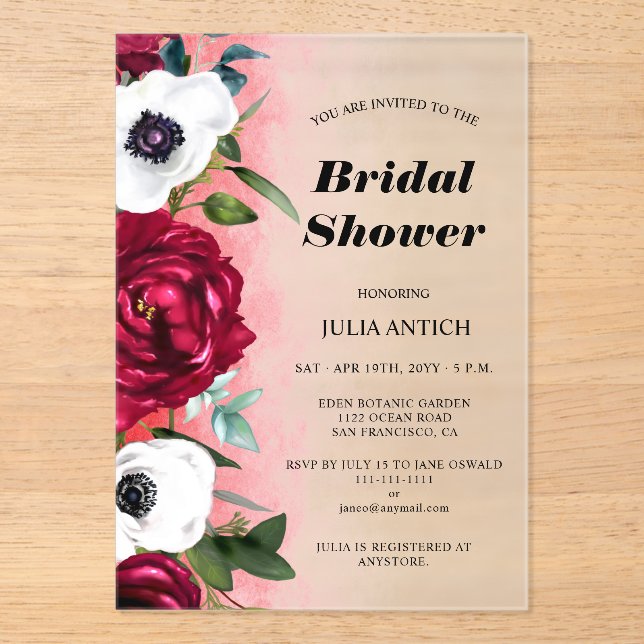 Wine Red Floral Bridal Shower Acrylic Invitations (Front)