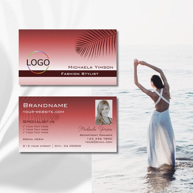 Wine Red Gradient Palm Leaf Logo and Photo Modern Business Card (Creator Uploaded)