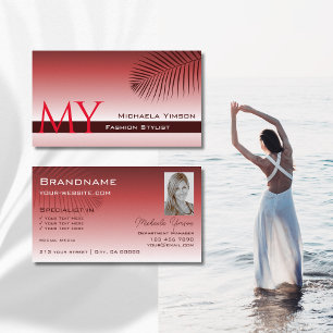 Wine Red Gradient Palm Leaf Monogram and Photo Business Card