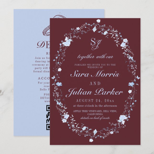 Wine Red & Ice Blue French Florals Wedding Invitation (Front/Back)