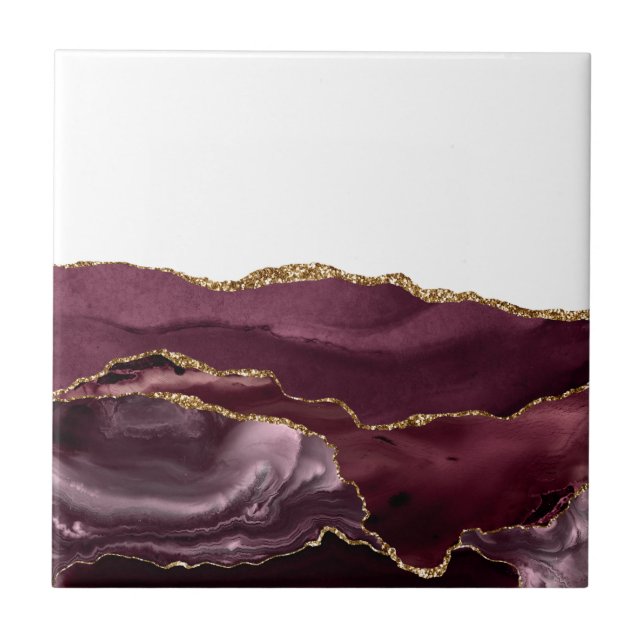 Wine Red Marble Agate Golden Glitter Stylish Glam Ceramic Tile (Front)
