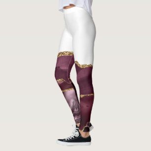 Wine Red Marble Agate Golden Glitter Stylish Glam Leggings