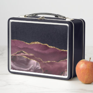 Wine Red Marble Agate Golden Glitter Stylish Glam Metal Lunch Box