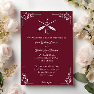Wine Red Monogram and Arrows Wedding Invitation
