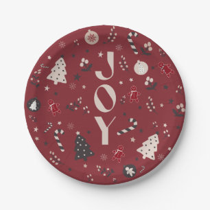 Wine Red Nordic Joy Christmas Tree Candy Cane Bell Paper Plate