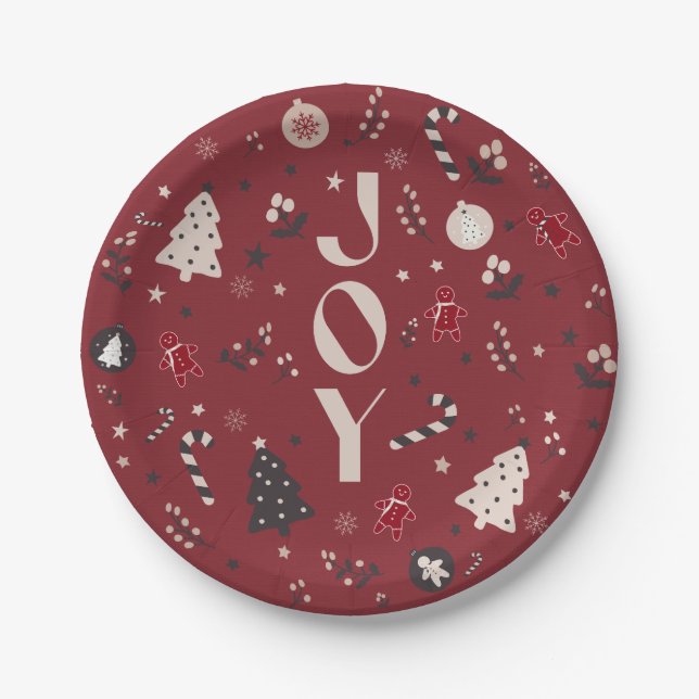 Wine Red Nordic Joy Christmas Tree Candy Cane Bell Paper Plate (Front)