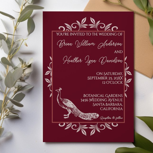 Wine Red Peacock Flourish Wedding Invitation (Wine red Peacock Flourish Wedding Invitation)